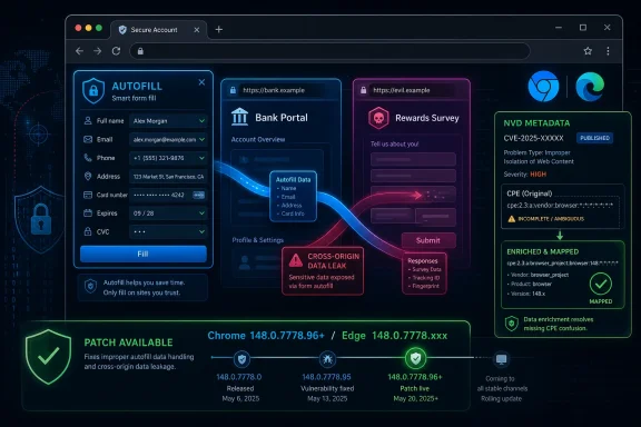 Cybersecurity dashboard showing browser autofill risk alerts and NVD vulnerability metadata for an upcoming patch.