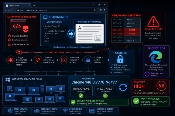 Security infographic showing a Chrome/renderer “use-after-free” exploit chain with severity high and patch available.