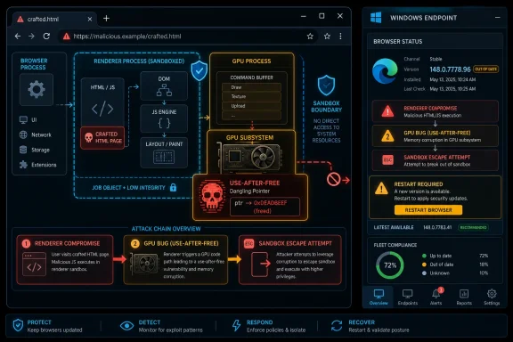 Security dashboard diagram showing a browser attack chain: renderer compromise, GPU use-after-free, and sandbox escape attempt.
