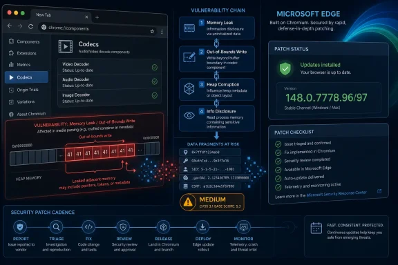Promotional security infographic showing Microsoft Edge patch status, vulnerabilities chain, and mitigation checklist.