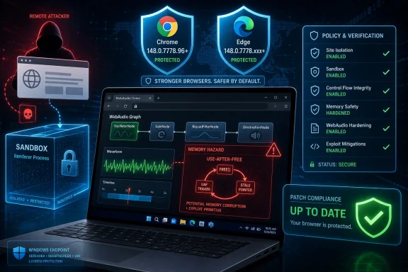 Cybersecurity-themed laptop graphic showing browser sandbox protections for Chrome and Edge against remote attackers.