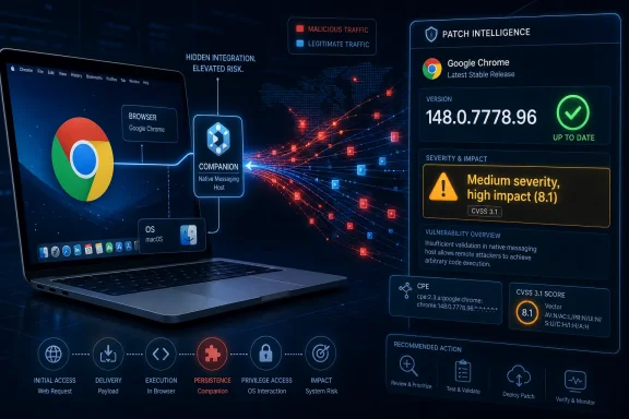 Cybersecurity dashboard shows Chrome companion/native messaging risk with patch intelligence and version 148.0.7778.96.