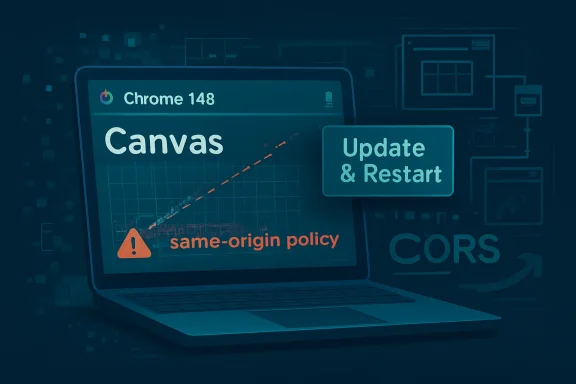 Laptop screen shows “Chrome 148” error about same-origin policy, with an “Update & Restart” prompt.