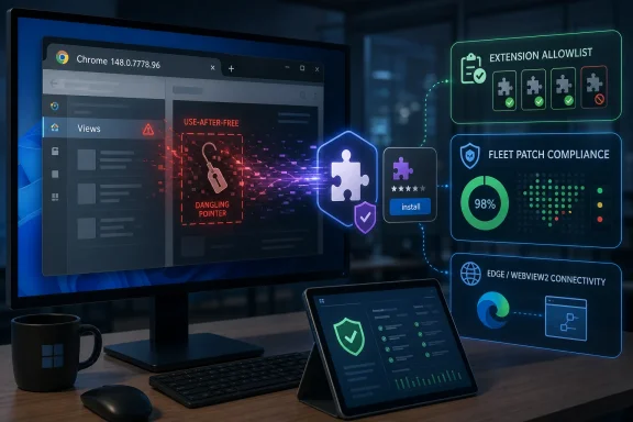 Tech dashboard showing browser security alerts and extension allowlist, compliance, and connectivity metrics on a desktop.