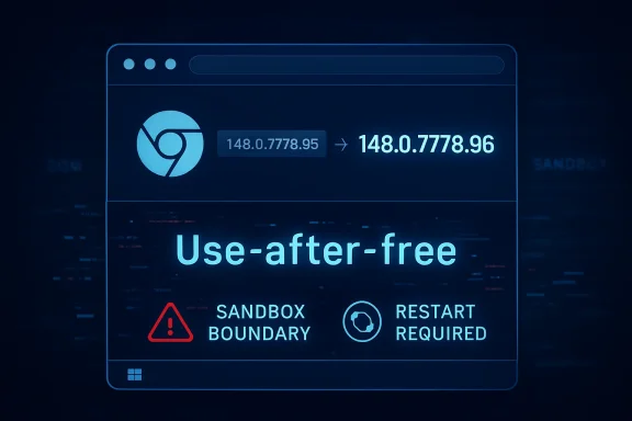 Browser-style interface showing “Use-after-free” with sandbox boundary warning and restart required.