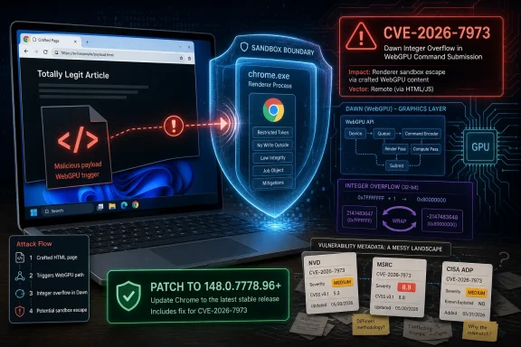 Cybersecurity graphic showing a WebGPU sandbox exploit scenario labeled CVE-2026-7973.