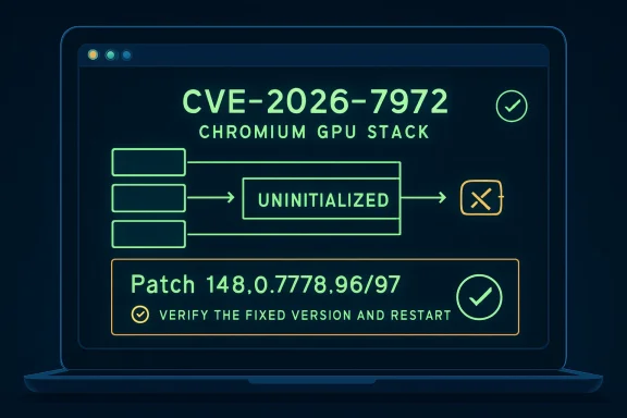 Laptop screen graphic showing “CVE-2026-7972 Chrome GPU Stack” patch 148 verification.