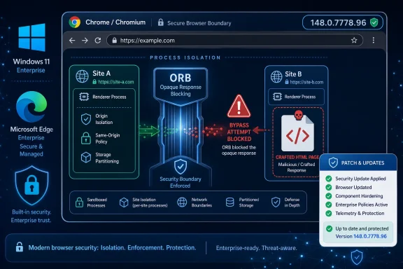 Cybersecurity infographic showing Chrome process isolation and secure browser boundary with ORB blocking.