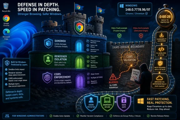 Cybersecurity ad shows Windows browser patching with a fortress protecting against sandbox, CORS, and vulnerabilities.