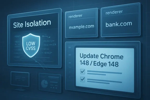 Digital cybersecurity dashboard shows “Site Isolation,” “LOW CVSS,” and a Chrome 148 update status.