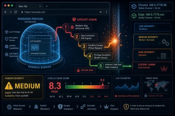 Cybersecurity dashboard illustration showing an exploit chain escaping a sandbox with risk levels and telemetry.