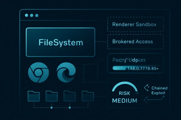 Tech diagram showing a file system with brokered access, renderer sandbox, and risk status MEDIUM.