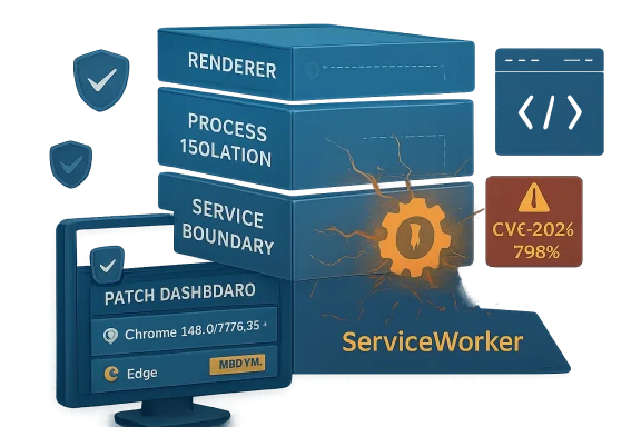 Abstract cybersecurity dashboard diagram showing service worker isolation and a CVC-2026 alert.