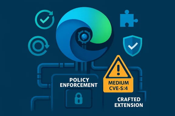 Digital security illustration showing “Policy Enforcement” with a warning icon and Chrome “Crafted Extension.”