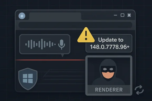 A software update window warns “Update to 148.0.7778.96+” with a yellow caution icon.