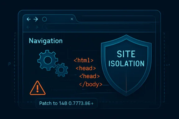 Neon cybersecurity UI shows “SITE ISOLATION” with warning about HTML head/body and a patch notice.