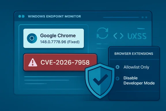 Windows endpoint monitor shows Chrome vulnerability CVE-2026-7958 with a shield protection prompt.