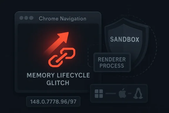 Futuristic UI concept showing “Chrome Navigation,” memory lifecycle glitch, and rendering sandbox process.