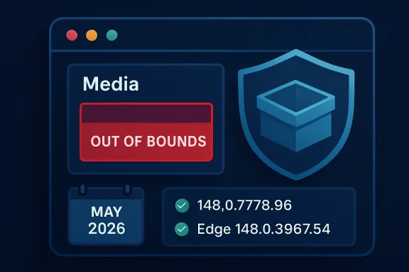 A blue dashboard UI showing “Media” with an “OUT OF BOUNDS” alert and a shield security icon.
