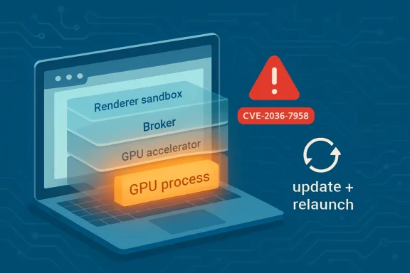Illustration of a laptop showing “Renderer sandbox” and a “CVE-2036-7958” warning with “update + relaunch.”