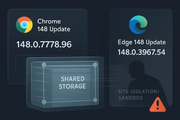 Diagram showing Chrome 148 and Edge 148 updates with shared storage, site isolation/sandbox, and an error warning.