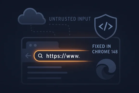 Cybersecurity graphic showing “Untrusted input” and a shield blocking a fixed Chrome 148 URL scan.