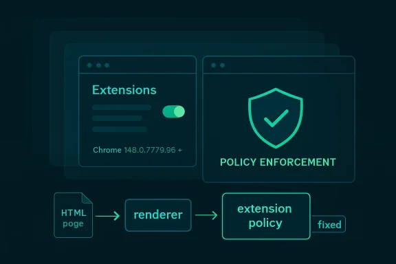 Illustration of browser extensions and policy enforcement with a shield icon and extension policy flowchart.