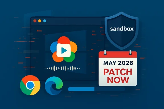 Developer tools “sandbox” screen graphic with Chrome logo, play icon, and “May 2026 patch now” calendar.