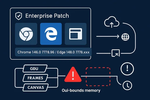 Illustration of an “Enterprise Patch” workflow with browsers syncing and triggering an alert about out-of-bounds memory.