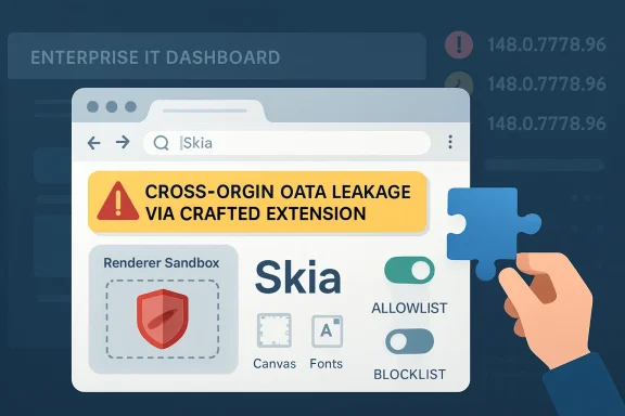 Illustration of an enterprise dashboard warning about cross-origin data leakage via a crafted extension.