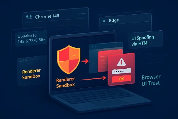 Diagram of browser security concept: Renderer Sandbox blocking UI Spoofing via HTML and browser UI trust.