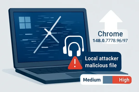 Malicious Chrome alert shows a local attacker file with high severity on a laptop screen.