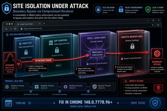 Cybersecurity diagram showing how a compromised renderer can bypass Chrome site isolation to access sensitive browser areas.