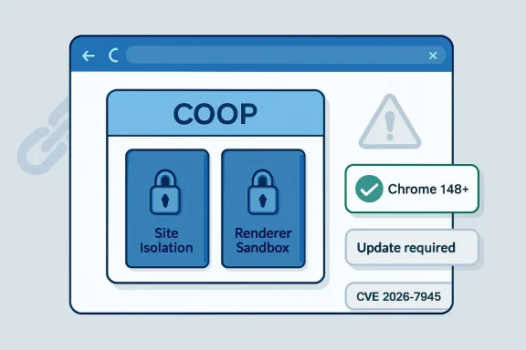 Diagram shows Chrome 148+ COOP and sandbox protections with an “Update required” CVE 2026-7945 warning.