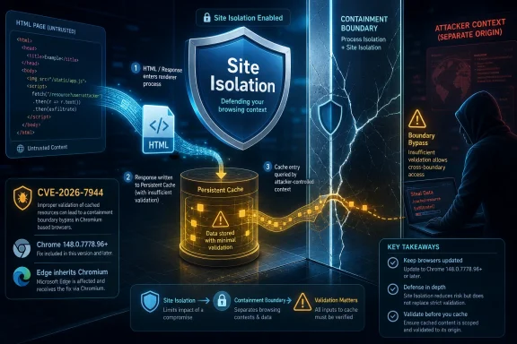 Cybersecurity infographic showing Site Isolation and cache boundary bypass risks, with an attacker at a laptop.