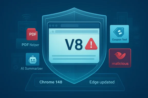 Illustration of browser security warning with “V8” error and antivirus icons labeled Chrome 148 and Edge updated.