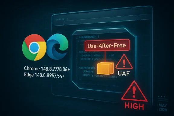 Cybersecurity-themed graphic showing “Use-After-Free” vulnerability risk with Chrome/Edge version text.