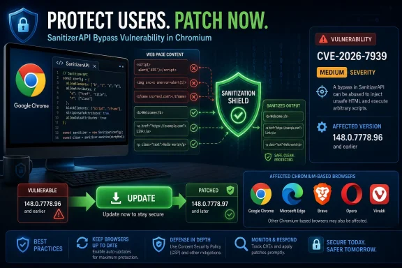 Cybersecurity warning poster urging “Protect Users. Patch Now” for Chromium SanitizerAPI bypass CVE-2026-7939.