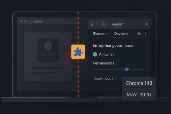 Screenshot-style graphic of Chrome DevTools showing “Enterprise governance” and date Chrome 148, May 2026.