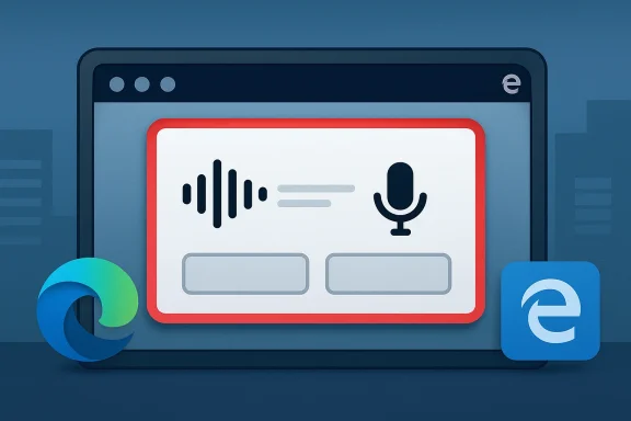 Illustration of a computer screen with a microphone icon and audio waveform, alongside Chrome and Edge symbols.