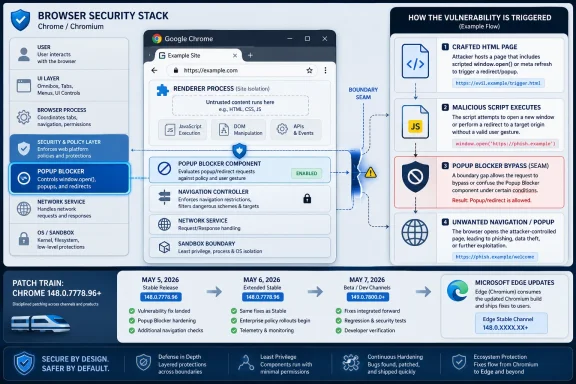 Infographic shows a browser security flow where Chrome Popup Blocker is bypassed, enabling malicious redirect.