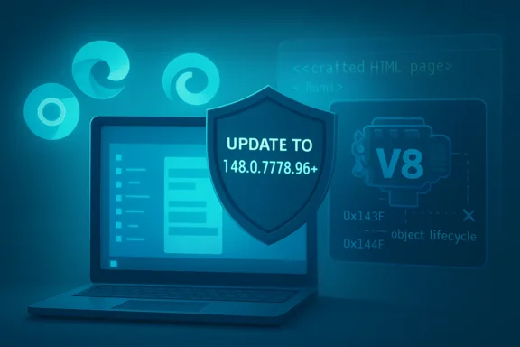 Laptop security screen shows “UPDATE TO 148.0.7778.96+” beside V8 version graphics.