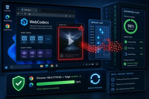 Dashboard showing WebCodecs settings, video/memory graphs, and enterprise fleet update status with restart protection.