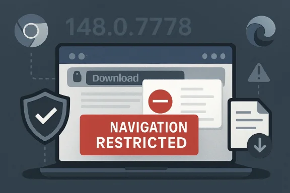 Illustration of a computer showing “Navigation Restricted” with download and security icons.