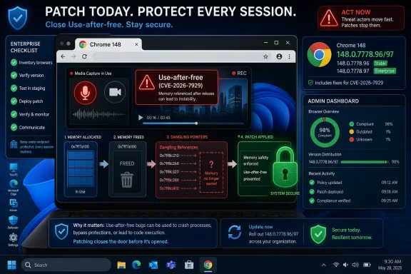 Cybersecurity dashboard promoting Chrome patching to prevent use-after-free CVE-2026-7929 attacks.