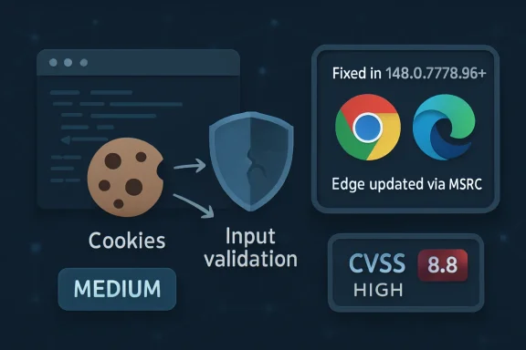 Illustration showing cookie consent and security checks with Edge update, input validation, and CVSS 8.8.