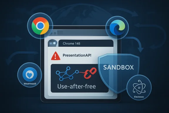 Browser-like interface warning: “PresentationAP!” with “Use-after-free” and a “Sandbox” security shield.