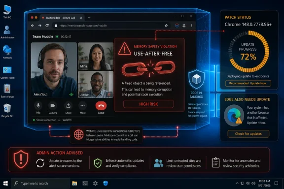 Secure video conference screen showing a “Memory Safety Violation: Use-after-free” security alert with patch progress.