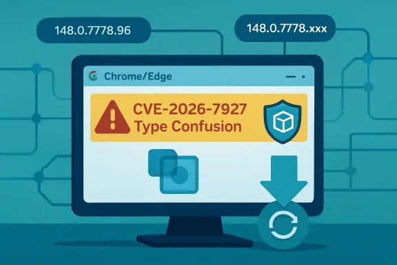 A computer screen displays a CVE warning: “Type Confusion” on Chrome/Edge, with an alert shield icon.