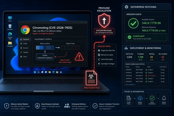 Cybersecurity dashboard shows enterprise patching against a Chrome exploit privilege escalation threat.